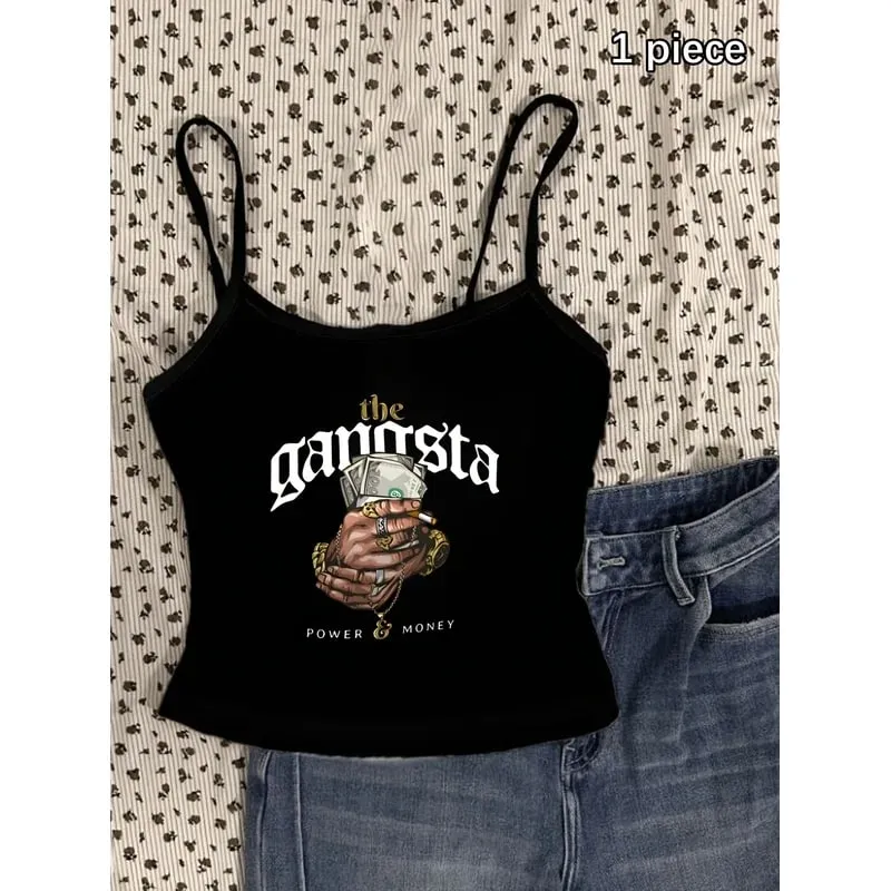 Hip Hop Gangsta Money Hand Print Cami Tank Top Women Y2K Streetwear Black Spaghetti Strap Cropped Camisole Tops