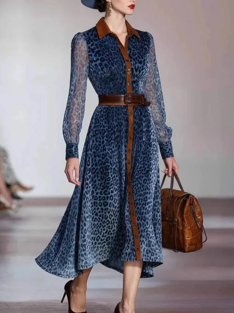 Gaun elegan wanita gaun jaring motif macan tutul gaun lengan panjang Chic antik kancing sebaris kerah kerah blok warna