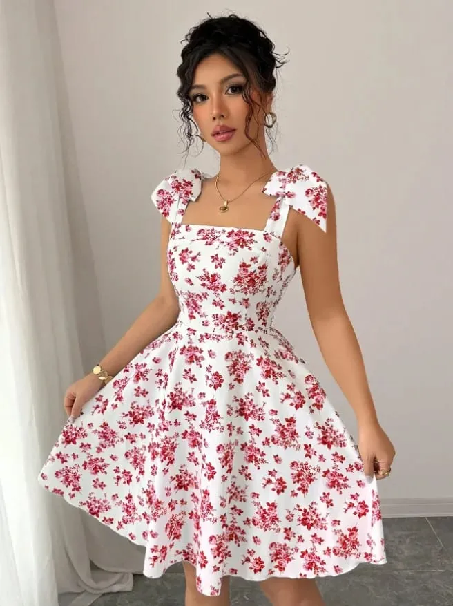 Dresses for Women Elegant Spaghetti Strap Women Dress Lace-up Print A-LINE Dress Women New Summer Vestidos De Verano Mujer Q5332