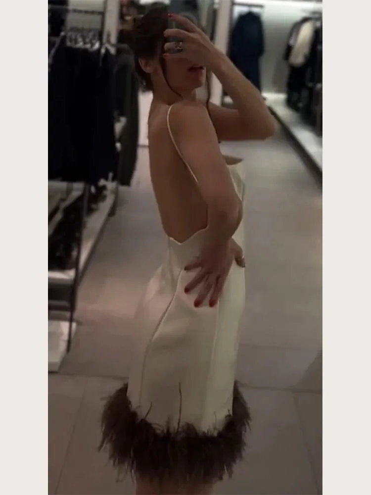 White Faux Fur Trim Cami Bodycon Mini Dress Women Sexy Backless Lace-up Dresses 2026 Lady Elegant Holiday Club Vestidos New
