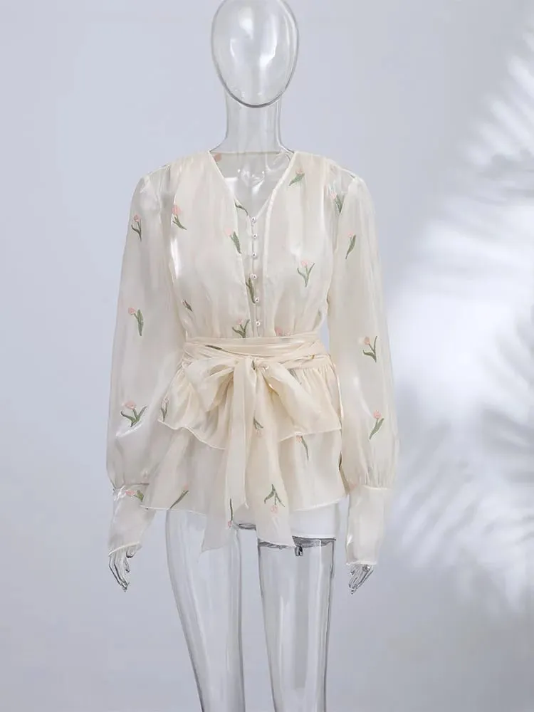 2026 Spring Summer Floral Embroidered Chiffon Wrap Tie Waist Ruffle Mini Dress Sheer V-Neck Romantic Feminine Women Date Vestido