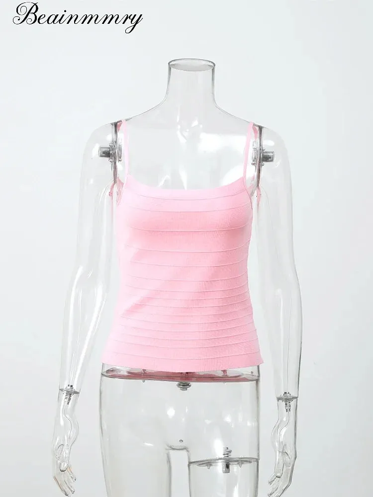 Women Sexy Solid Bandage Top Square Neck Striped Spaghetti Strap Corset Sleeveless Bodycon 2026 Summer Lady Party Fashion Vest