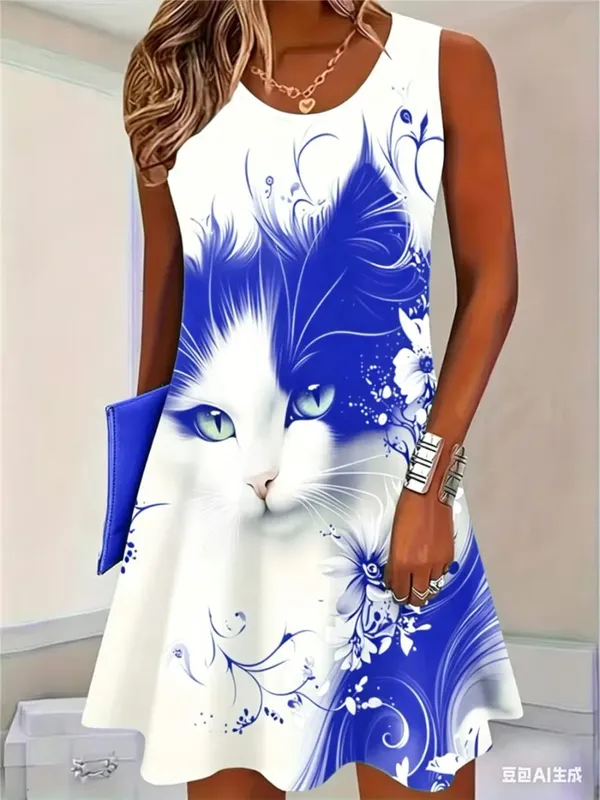 2026 New Fashion Cat Pattern Women Mini Dresses Summer Sleeveless 3D Printed Street Hip Hop Ladies Dress 3XL Plus Size Dress