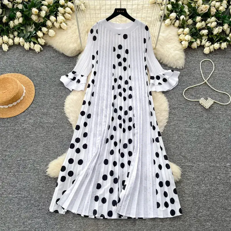 Miyake Pleated Polka Dot Dresses 2026 Summer Flared Sleeves Round Neck Fashion Pleated Long Dress Women Draped Elastic Clothing