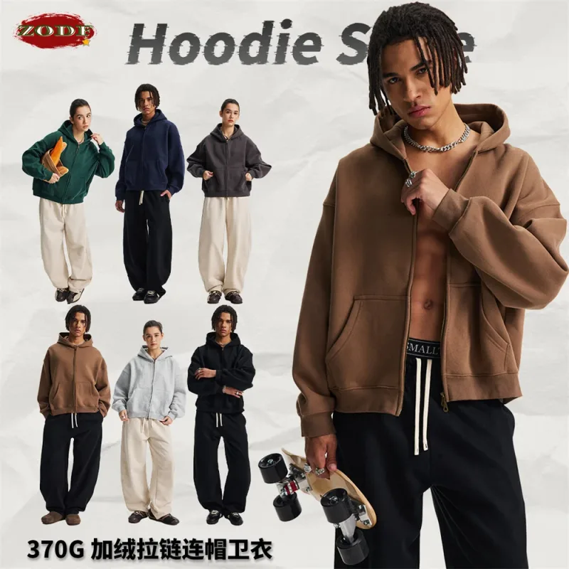 อินเทรนด์ 2025 ฤดูหนาวManขนแกะBoxy Hoodies Unisex 350gsm Double Head Zipper Hooded Sweatshirts Coat HY1122