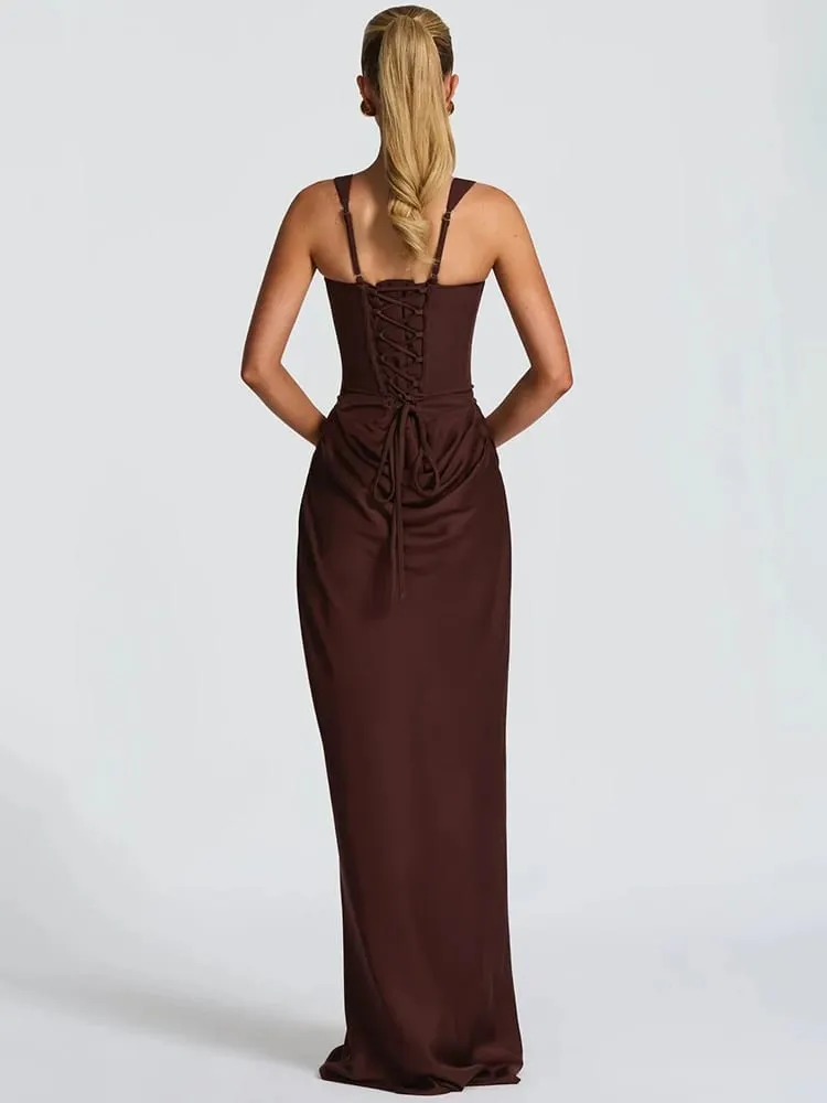 Mozision Backless Ruched Sexy Maxi Dress Women Elegant Square Collar Tapered Straps Sleeveless Bodycon Club Party Long Dress