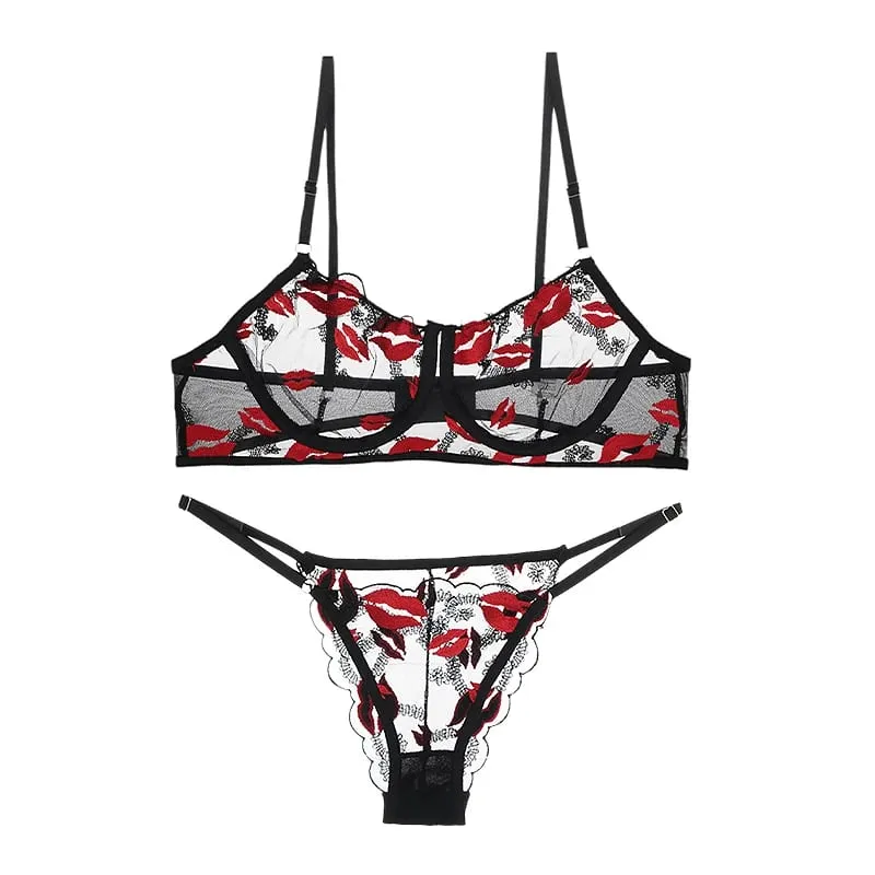 New Women Sexy Mesh Bras Suit Sweet Female French Floral Embroidery Underwear Sets Transparent Mesh Bra Panties 2Piece Lingerie