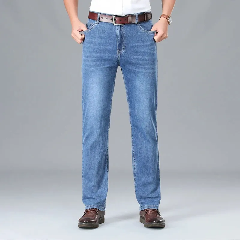 2026 Summer Brand Business Casual Men's Straight Denim Softener Lightweight Jeans Classic Embroidered Cotton Stretch Thin Pants