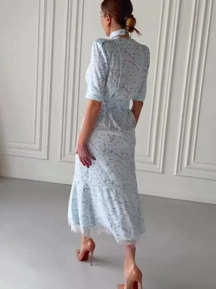 Deep V Neck Lace Trimmed Printed Dress Women Light Blue Tie Front Button Up Short Sleeve Robe Summer Lady Party Dresses 2026