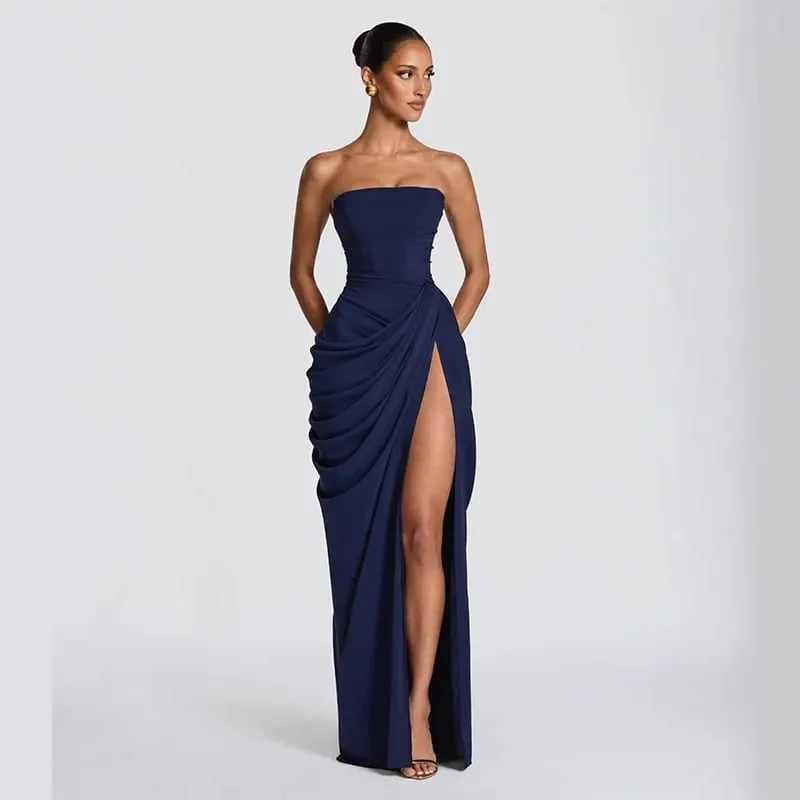 Sexy Solid Pleated Strapless Dress Lady Chic Off-shoulder Backless High Waist Split Dresses Babae 2026 Bagong Evening Party Gown