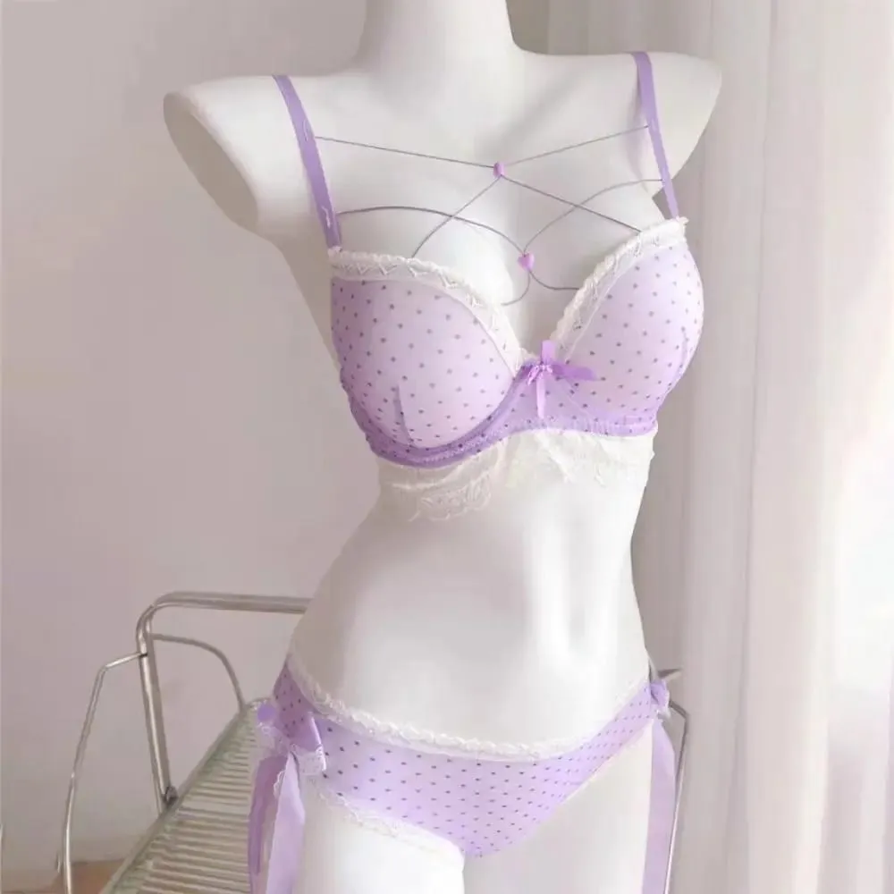 Comfortable Dots Lace Bra Set Love Heart Bowknots Bra Panties Set Lace-up Intimates Push Up Bra Women Romantic Evenings