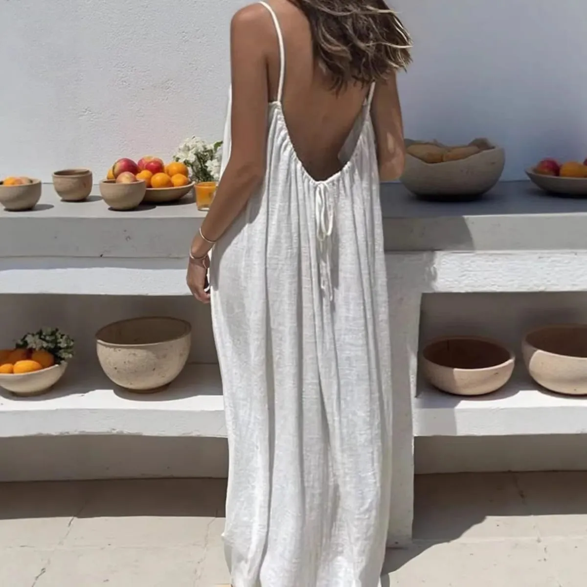 Women's Loose Sundress Sexy Backless Lace Up Slip White Linen Homewear Long Maxi Party Dresses OUFY-20260409001 — image 1