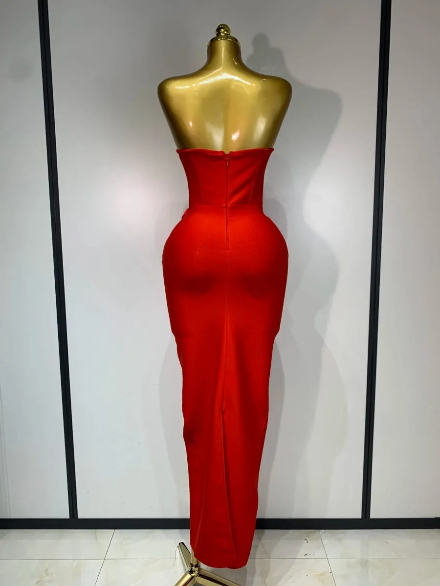 Nejnovější ženy 2025 Sexy šaty bez ramínek bez zad s červeným květem Midi bandážové šaty Celebirtní elegantní večerní narozeninové šaty do klubu