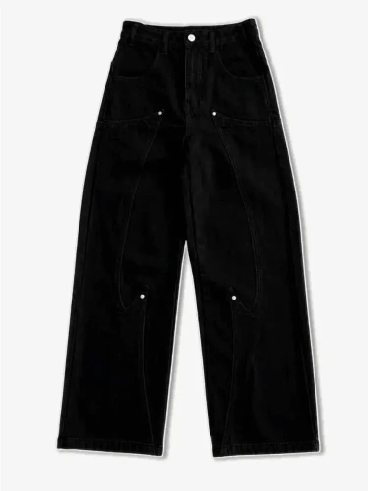 Jeans pour hommes broderie lourde Streetwear pantalon en jean Harajuku unisexe coupe ample jambe large Anime jambe droite noir décontracté mode — image 3