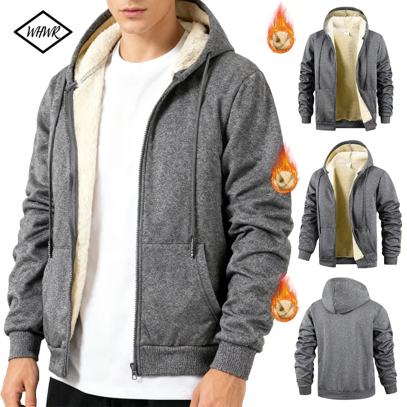 Winter Thick Fleece Zipper Hoodies Thicken Warm Jackets Long Sleeve Sweatshirts Casual Sports Fleece Black Coats Hooded Men Coat