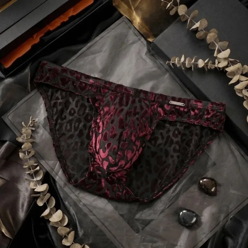 Comfortable Ice Silk Men Briefs Mesh Low Waist Sheer Underwear Convex Pouch Transparent Leopard Print Panties Date Night