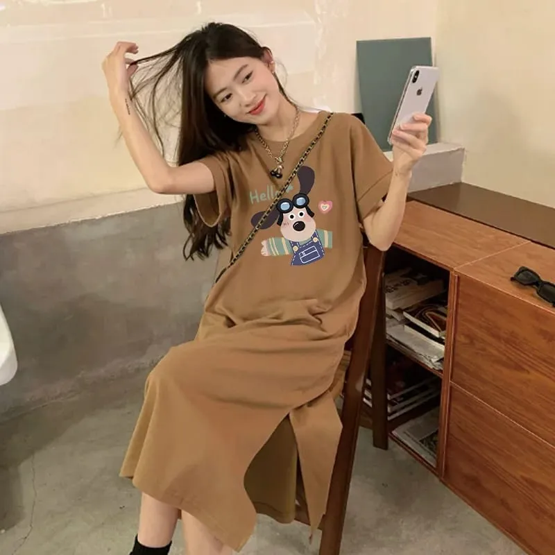 Cute Cartoon Dog Print T-Shirt Dress Women Loose Short Sleeve Split Casual Midi Dress