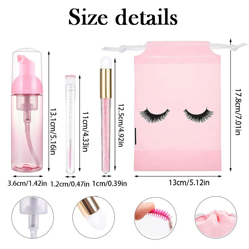 60ml Refillable Leakproof Empty Foam Pump Bottles Eyelash Extension Shampoo Kit Lash Comb Tube Cleaning Brush EVA Storage Bags