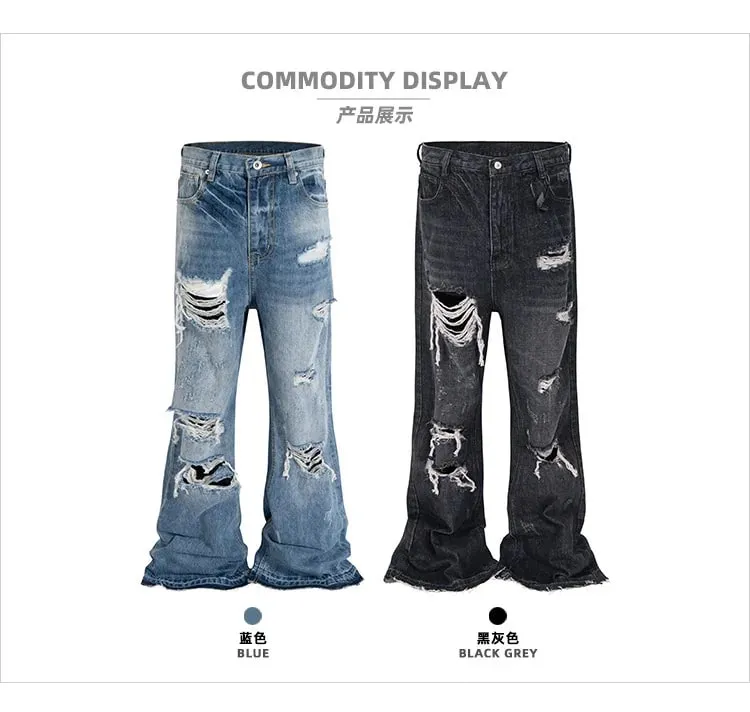 Unisex Wide Leg Flared Jeans Torn Hole Cut with Cat Whisker Fringe Blue for Men And Women ZJ014
