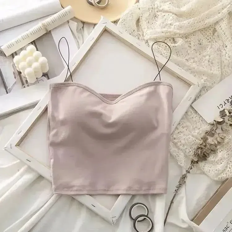 Atasan Vest Musim Panas Wanita Tanpa Lengan Kapas Atas Tiub Berbalut Tapak Rompi Atasan dengan Pad Payudara Atasan Anjal Lembut Yang Boleh Ditanggalkan Lancar