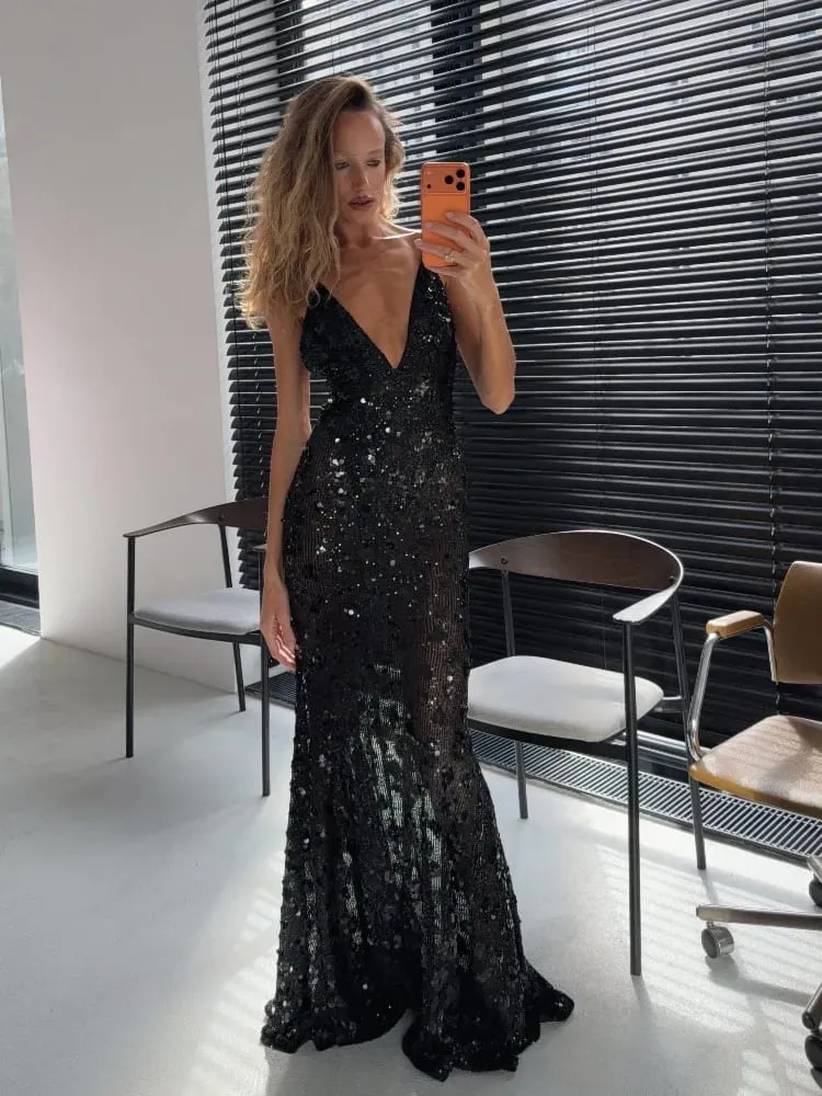 Women Elegant Sequin Mermaid Maxi Dress Elegant Spaghetti Strap Deep V Neck Bodycon Slim Gown Lady Evening Party Long Dresses