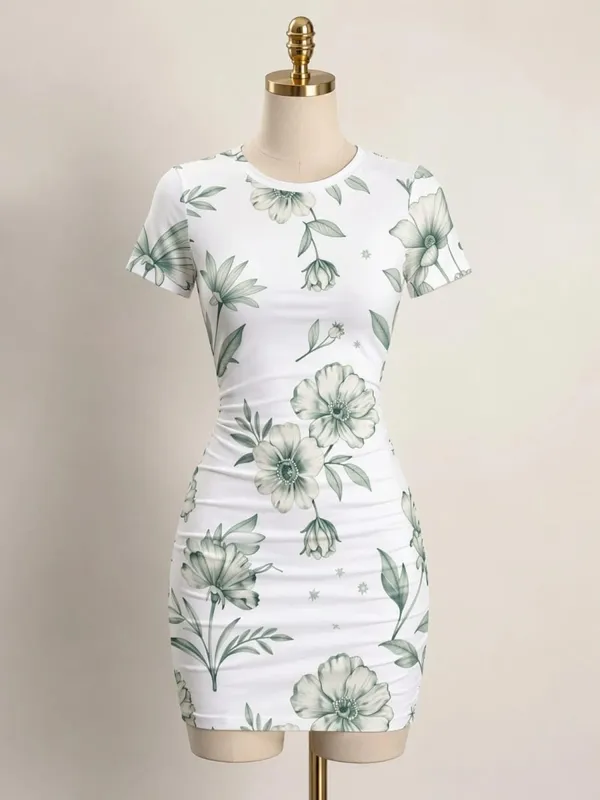 Womens Short Sleeve Bodycon Mini Dress Slim Fit Crew Neck Floral Print Casual Summer Party Cute Smooth Holiday Vacation Sundress