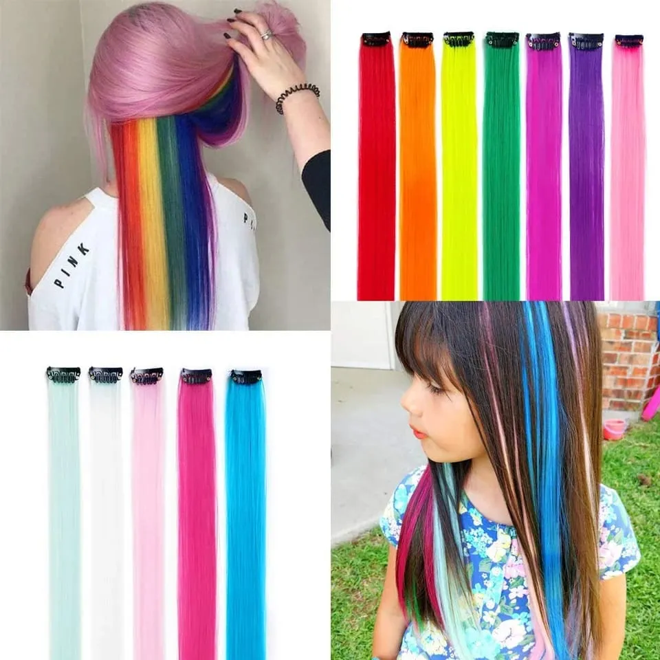 Colored Hair Extensions Synthetic 22Inch Straight Orange Green Clip in Hair Extension Rainbow Accessories Party Highlights Hair