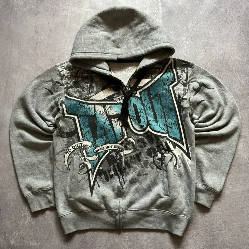 Streetwear Gray Zipper Hoodies Men Women Harajuku Retro Letter Graphic Printed Oversized Sweatshirt Y2K Gothic Autumn Clothing