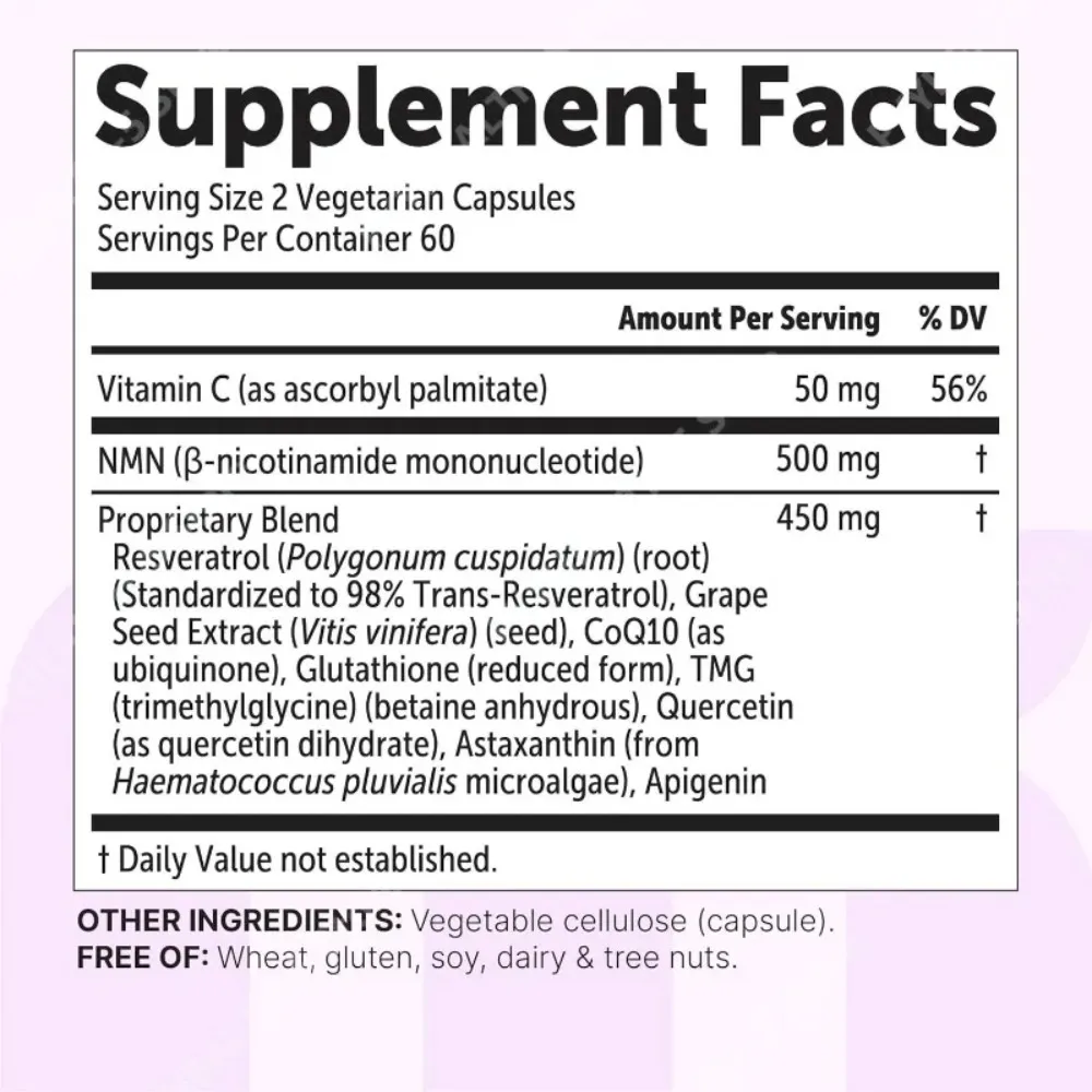 NMN-Kapseln 1000 mg pro Portion mit Resveratrol CoQ10, Vitamin C, vegane Formel, tägliche Wellness-Ergänzung, saubere Inhaltsstoffe, 120 ct