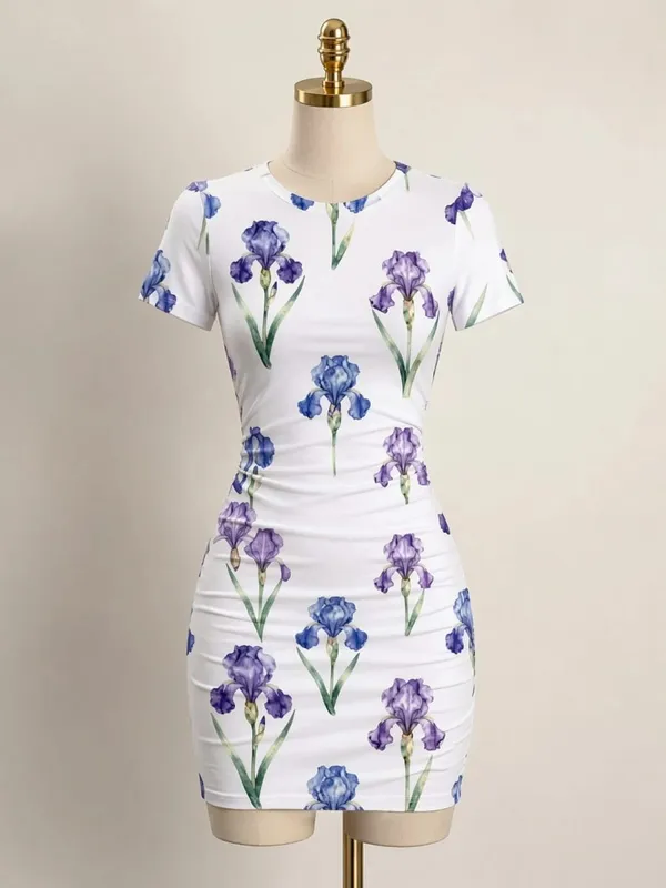 Womens Short Sleeve Bodycon Mini Dress Slim Fit Crew Neck Floral Print Casual Summer Party Cute Elegant Brunch Vacation Sundress