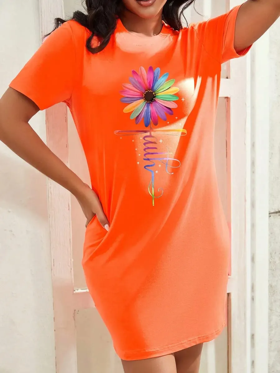 Plus Size Summer Fashionable Comfortable Colorful Sunflower Letter Print Women Sundress O-Neck Mini Dress Casual Dress Vestidos — image 4