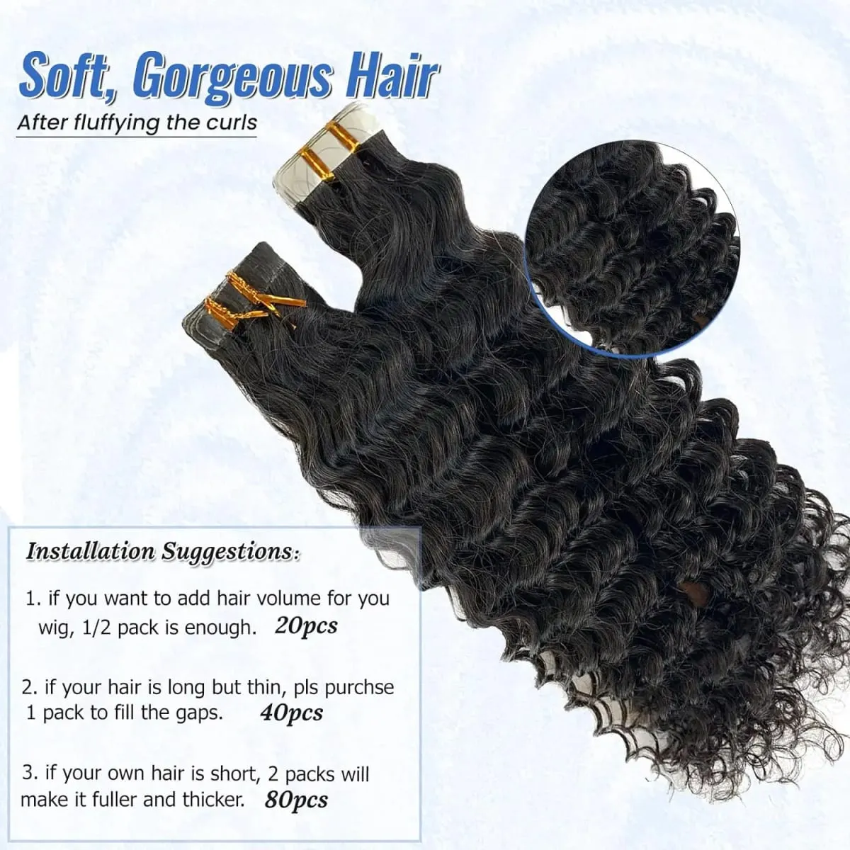 Deep Wave Tape In Hair Extensions Natural Black 100％ Human Hair 20pcs/50g Curly Tape Ins Invisible Seamless Replaceable Glue #1B