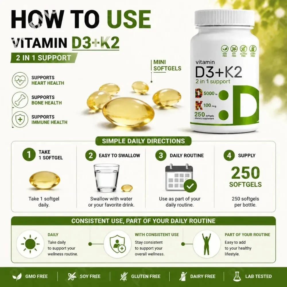 Vitamin D3 K2 Softgels with MK-7 5000 IU Vitamin D3 and 100 mcg Vitamin K2 for Daily Heart Bone & Immune Support 250 Softgels