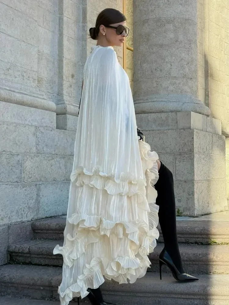 Solid White Ruffle Maxi Dress Women Fashion Lace Pleated Sleeveless Off-shoulder Long Dresses Lady 2026 Summer Holiday Robes New