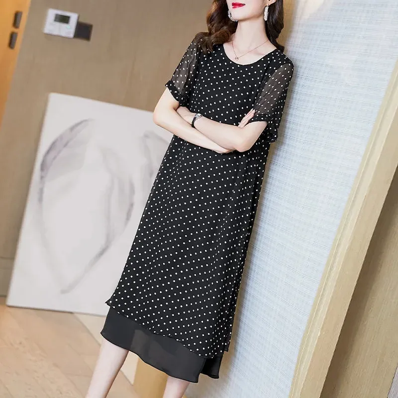 Verão mangas curtas cobrindo a barriga high end chiffon vestido 2026 novo tamanho grande solto dot estilo francês vestido longo feminino