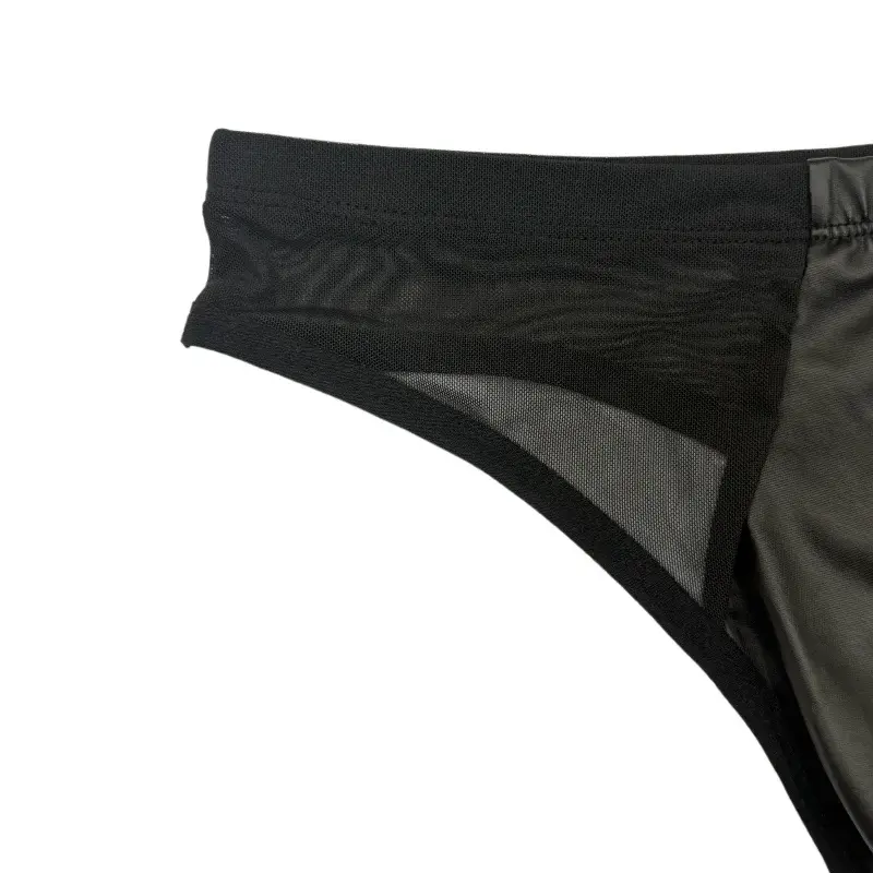Sexy Men Low Rise Triangle Underwear PU Leather Front Spliced Breathable Mesh Sides Transparent T-back Briefs — image 5