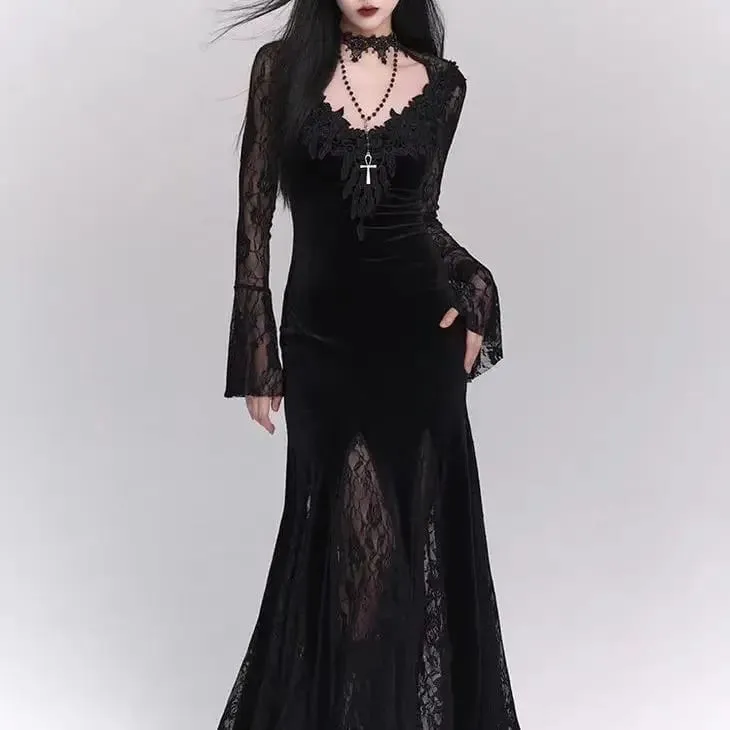 Vinter Gotisk Grunge Spetsklänning Koreansk Modedesign Festival Lång Balklänning Kvinnor Halloween Kostym Sexiga Slimma Festklänningar