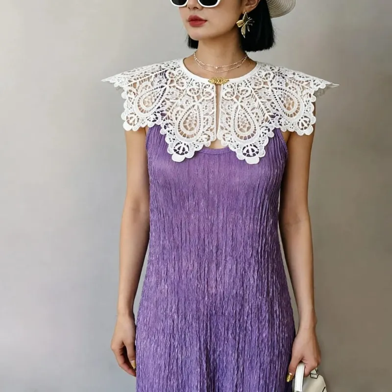 Pleated Sleeveless Elastic Long Dresses Women Vintage Palace Style Womens Black White Doll Fake Collar Soft Midi Dress Clothing