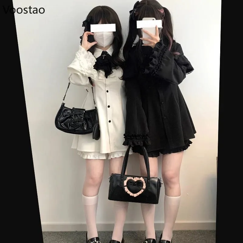 Vintage Lolita Tarzı Mini Elbise Seti Kadın Gotik Y2k Gevşek Flare Kol Sahte İki Adet Parti Elbiseler Kadın Kawaii Sevimli ...