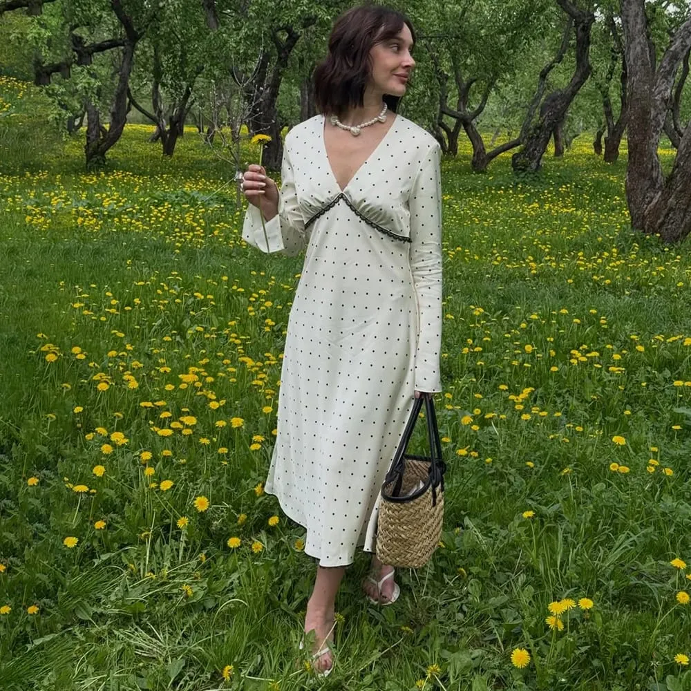 Talenza Women Polka Dot Dress Fashion Satin Print Contrast V-Neck High-Waisted New Dress Summer Elegant Female Party Dress 2026