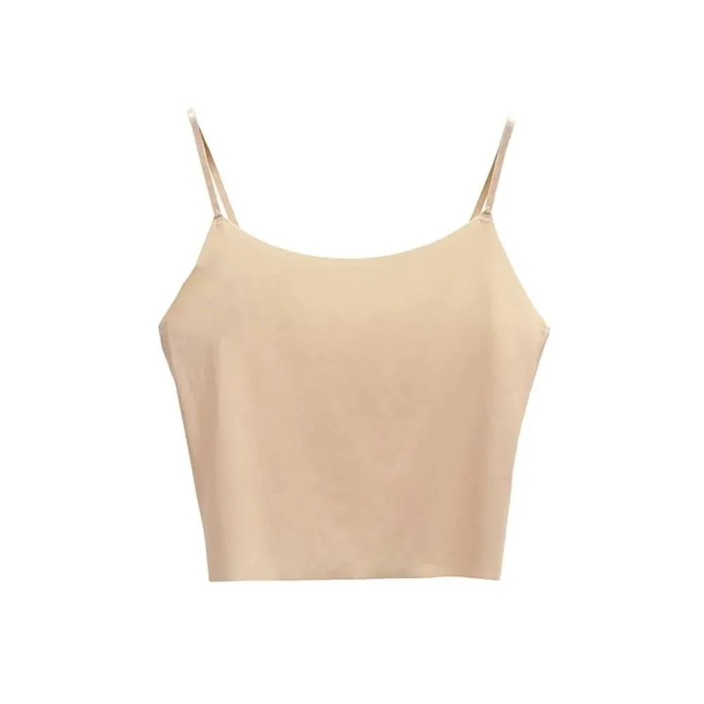 Thin Ice Silk Traceless Sling Tank Top Bralette Crop Tops Strap Skinny Vest Tops Solid Color Slim Fit Sleeveless Camisole Women