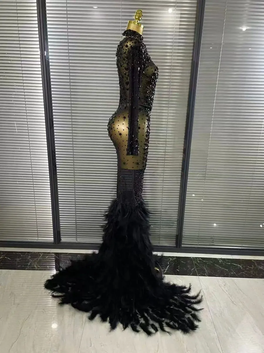 Black Red Women Long Sleeve Sexy Sparkly Crystal Mesh See Through Feathers Floor-length Mermaid Dress Panggabing Party Prom Outfit