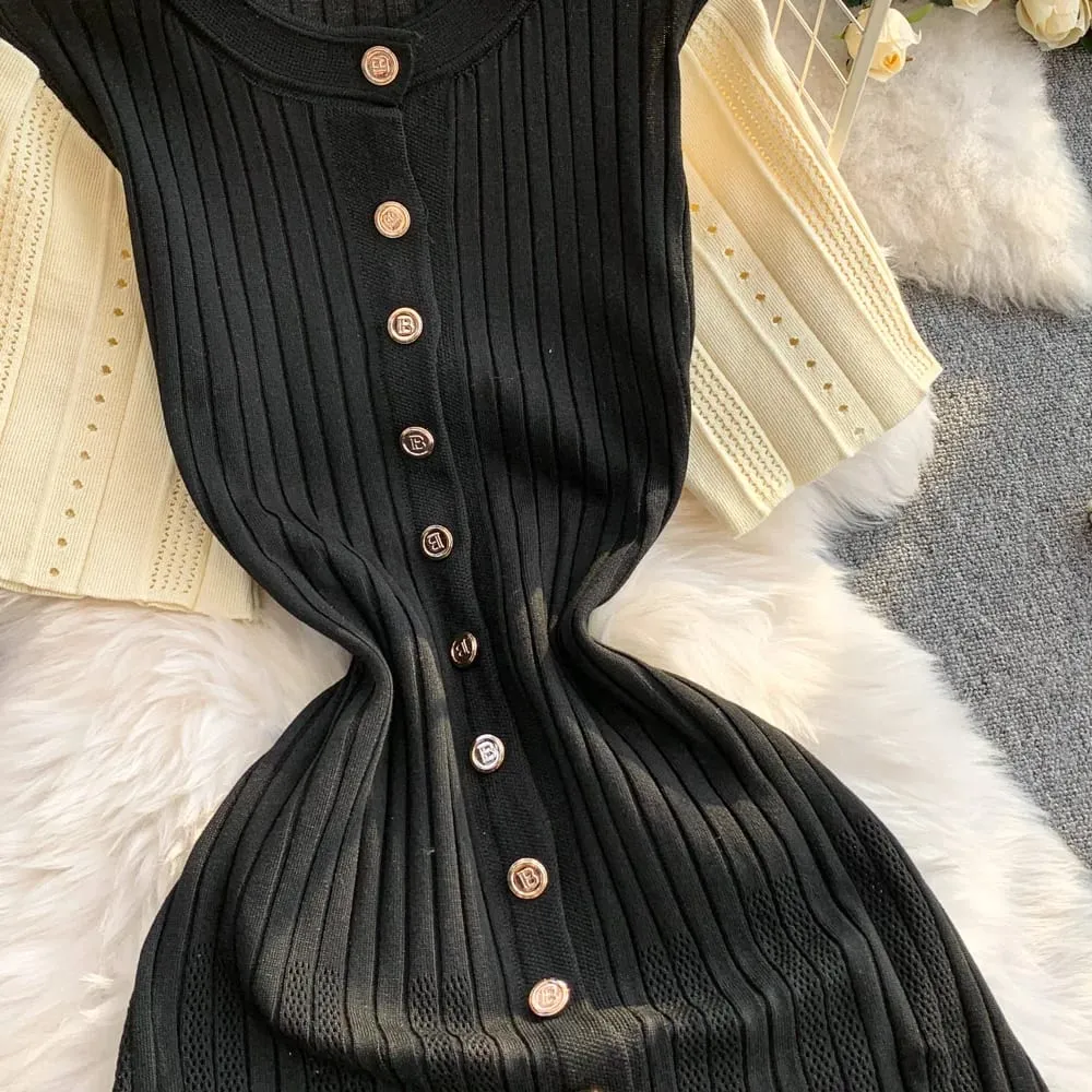 YuooMuoo Vrouwen Jurk 2026 Lente en Zomer Elegante Patchwork Een Stuk Gebreide Maxi Jurk Kantoor Dame Slanke Taille Trui Jurk