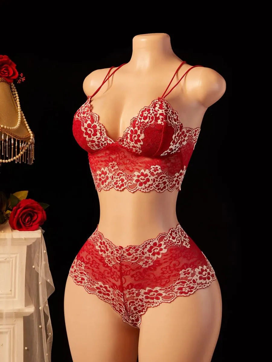 Colorblock Lace Lingerie Set Sheer Deep V Bralette Criss Cross Open Back Strappy Boudoir 2PC