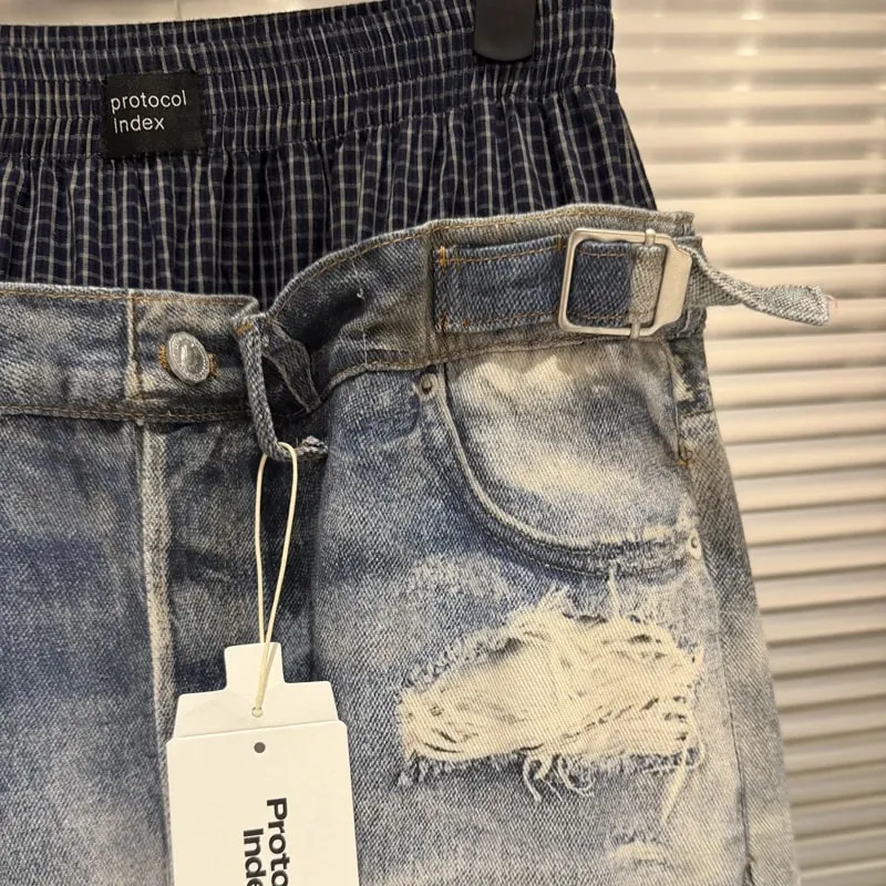 Trend Fashion Street Style Fake Two Piece Double Waist 3D Printed Digital Printed Ripped Baggy Protocol Index Jeans