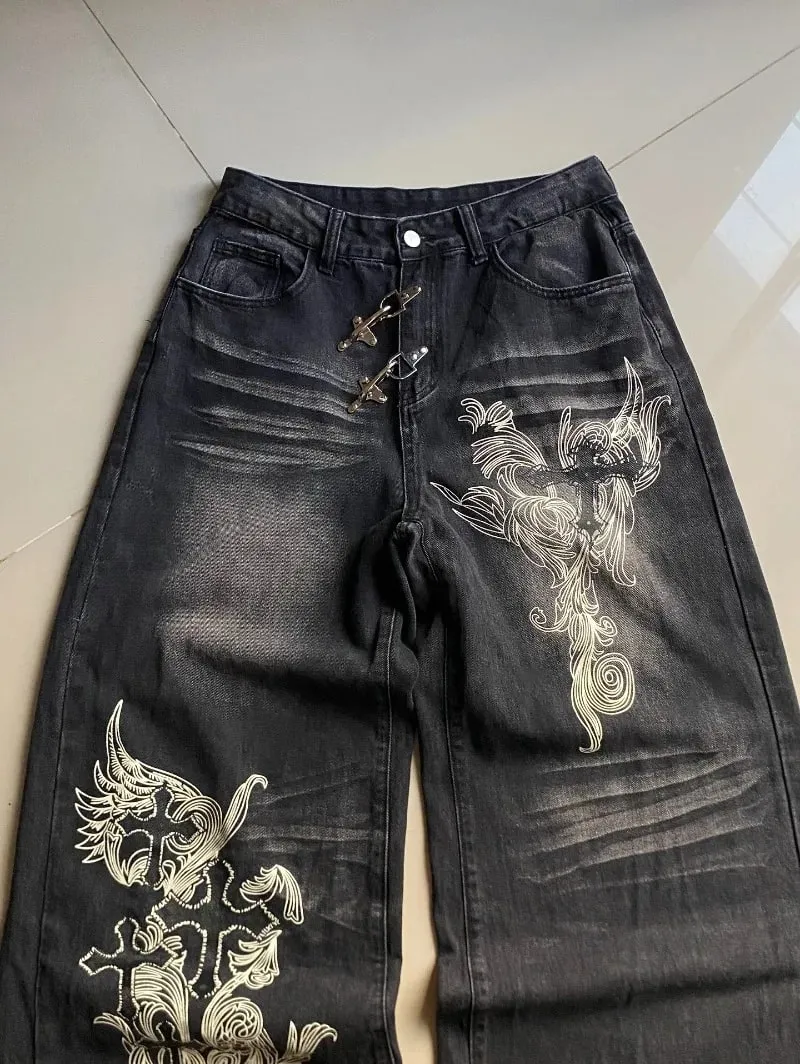 American Vintage New Pattern Printing Black Baggy Jeans Men Y2K Gothic Harajuku Hip Hop Popular Casual Joker Wide-leg Pants
