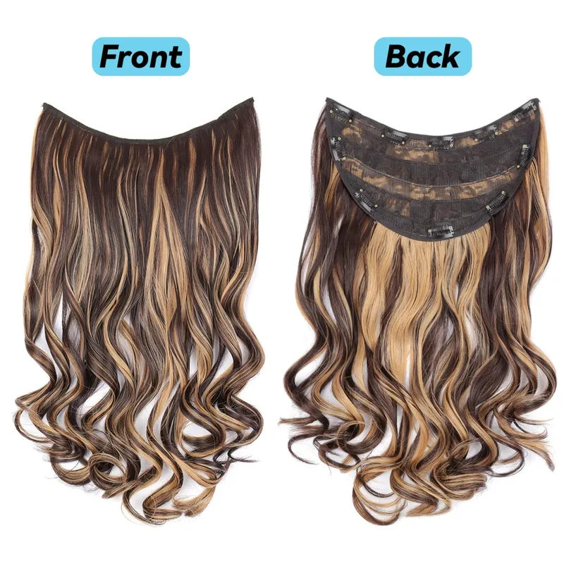 Clip In Synthetic Hair Extensions 22 Inch Long Wavy V-Shaped Hair Extension Gold Hair Piece With 10 Clips For Women Daily Use