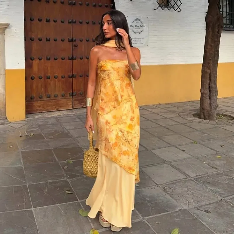Cetak Bunga Potongan Leher Halter Gaun Maxi Berperingkat Ruffle Tanpa Lengan 2026 Musim Panas Wanita Pakaian Percutian Fesyen Boho Wanita Vestido