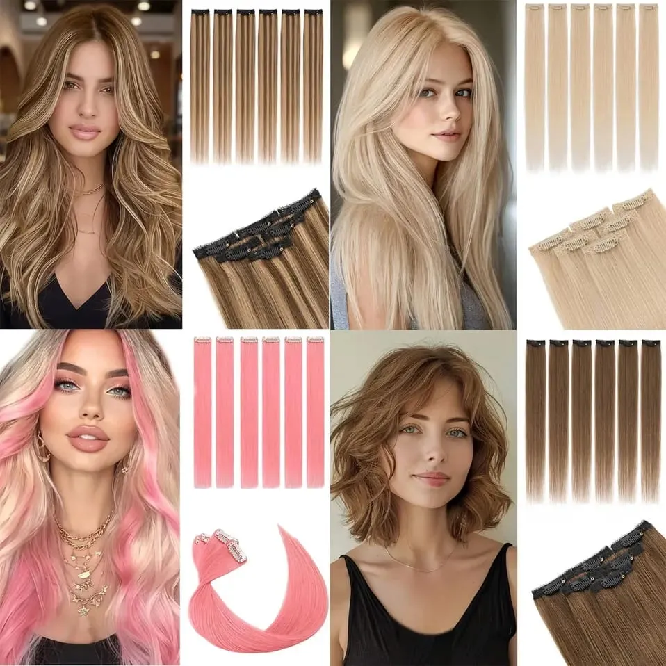 6 Pcs Clip In Human Hair Extensions Single Clip Ins Short Hair Extensions Seamless Straight Highlight Hairpieces for Women