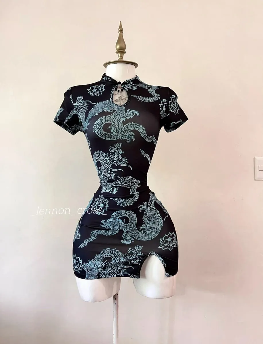 National Trend Style Dragon Pattern Improved Cheongsam Short-Sleeved Stand-Up Collar with Buttoned Sexy Slit Short Skirt